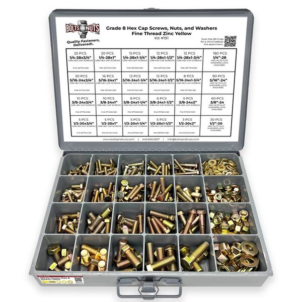 Boltsandnuts.Com Grade 8 Hex Cap Scrws, Hex Nuts, Flat & Lock Wshrs Zinc Yellow 1/4in, 5/16in 3/8in, &1/2in -575PCS Assortment Kit #191 - main